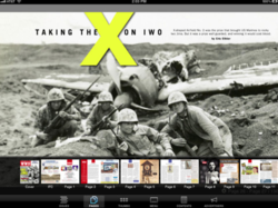 Marines pose for a photo on Iwo Jima in February 1945 in an iPad view of AMERICA IN WWII magazine.